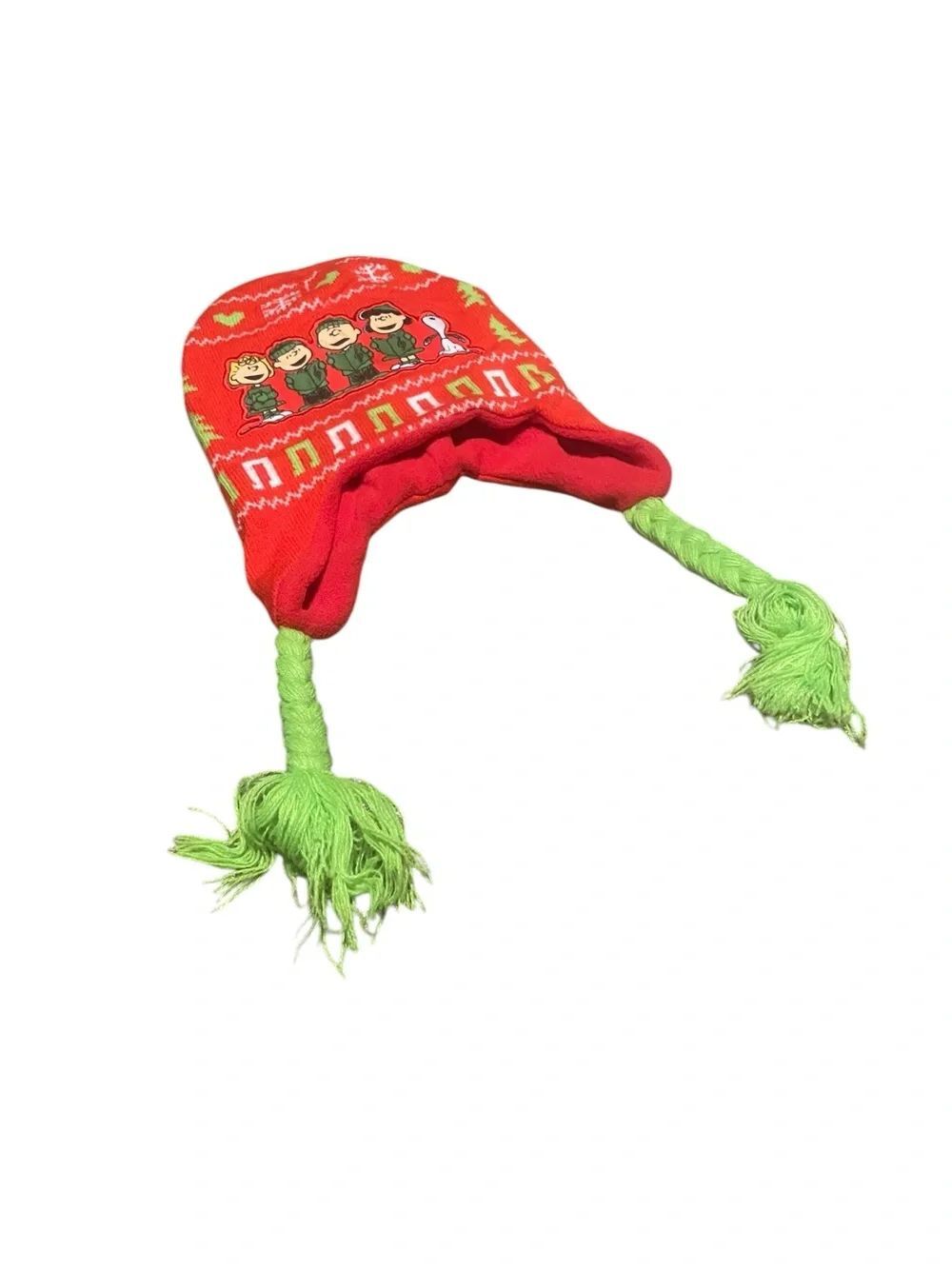 Peanuts kids sz medium Red Cartoon Knit Earflap Hat with Lime Tassels